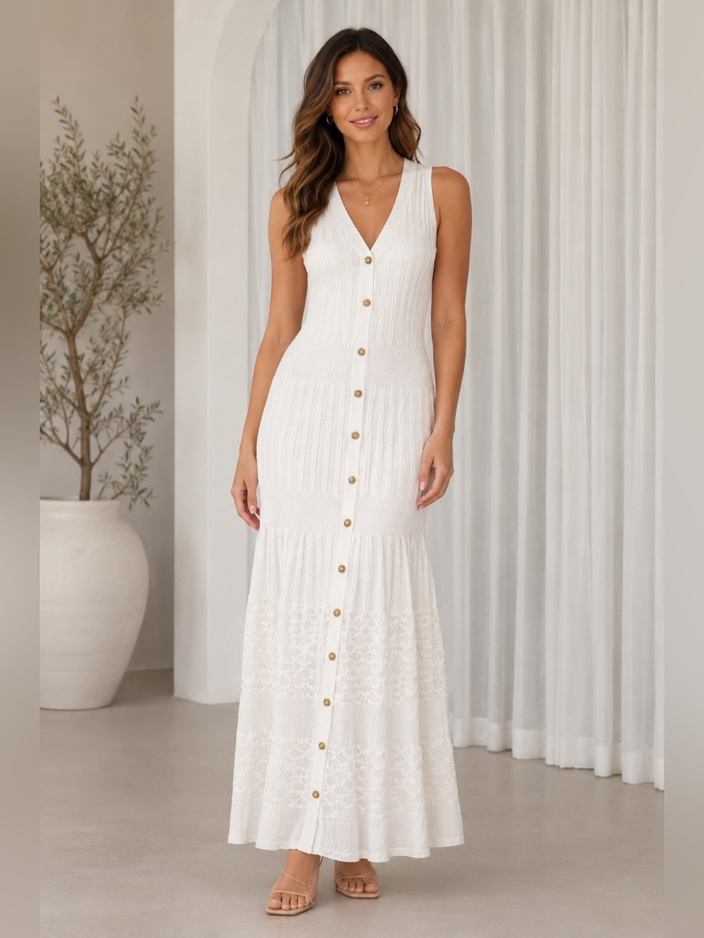 NWT Tahari Ivory Knit Maxi Dress Sleeveless Faux Buttons Lace Sm Wedding Events